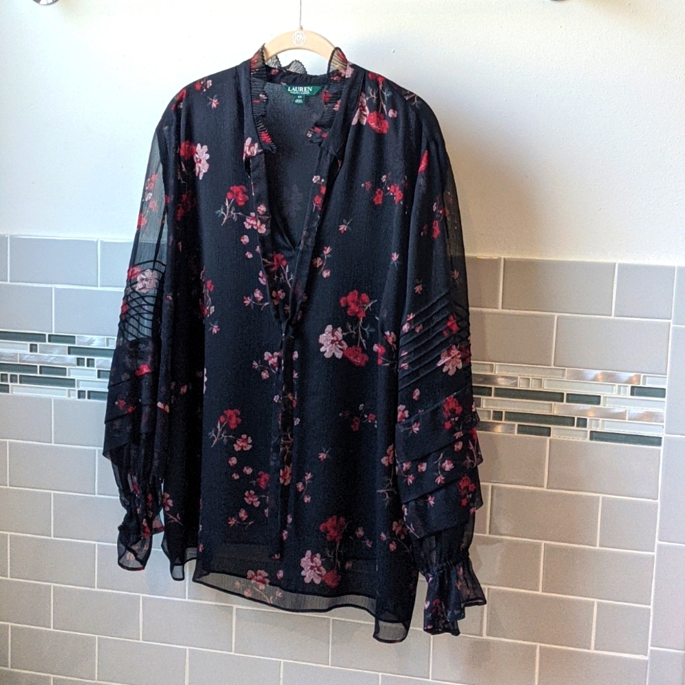 Modern Ralph Lauren Black Floral Tie-neck Blouse, 2X